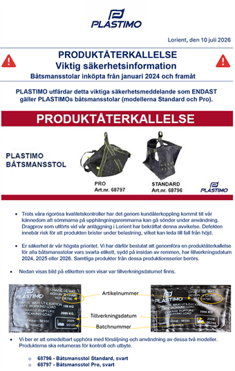 Produktåterkallelse Plastimo Båtsmansstolar